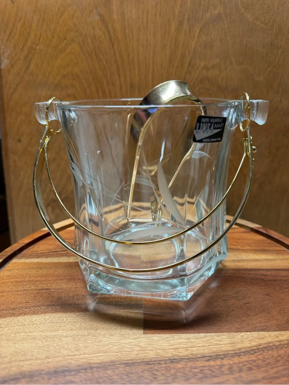 Vintage Arte Murano Linea Mary Crystal Ice Bucket Gold Tone Handle Tongs Italy